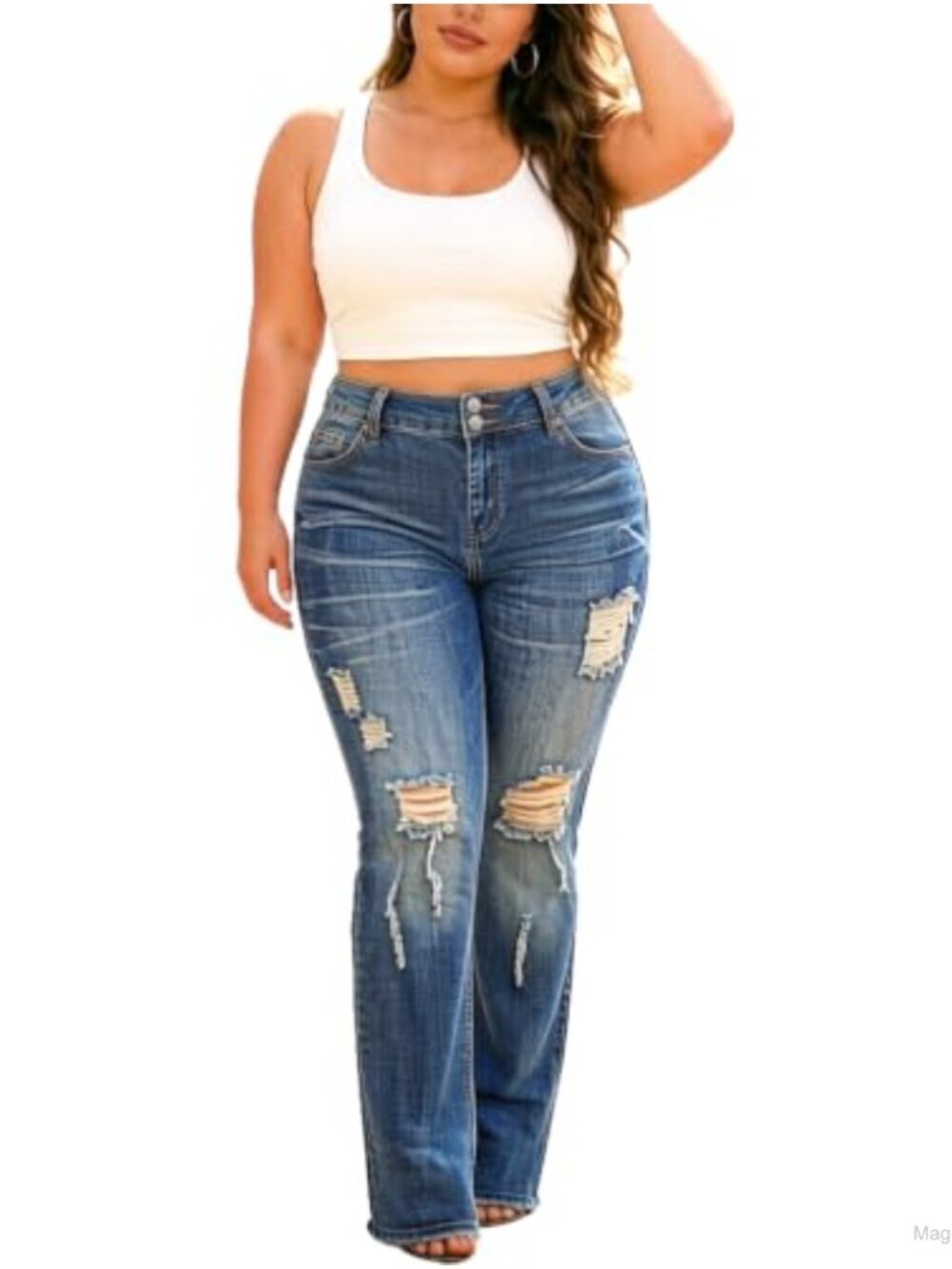 Plus Size High Waisted Flared Ripped Stretch Bell Bottom Bootcut Women's Jeans